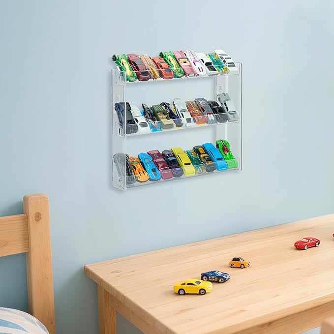 [2 Pack] Clear 3-Tier Display Case for 1:64 Toy Cars – Holds 30 Diecast Vehicles, Wall Mounted or Desktop Organizer Rack for Collectors