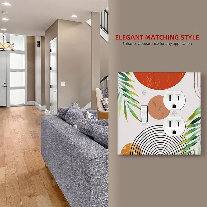 Boho Sun Abstract Art Mid Century 2-Gang 1-Toggle 1-Duplex Device Combination Wallplate Modern Aesthetics Arch Olive Leaf One Toggle Switch and One Duplex Receptacle Outlet Combo Light Switch Cover