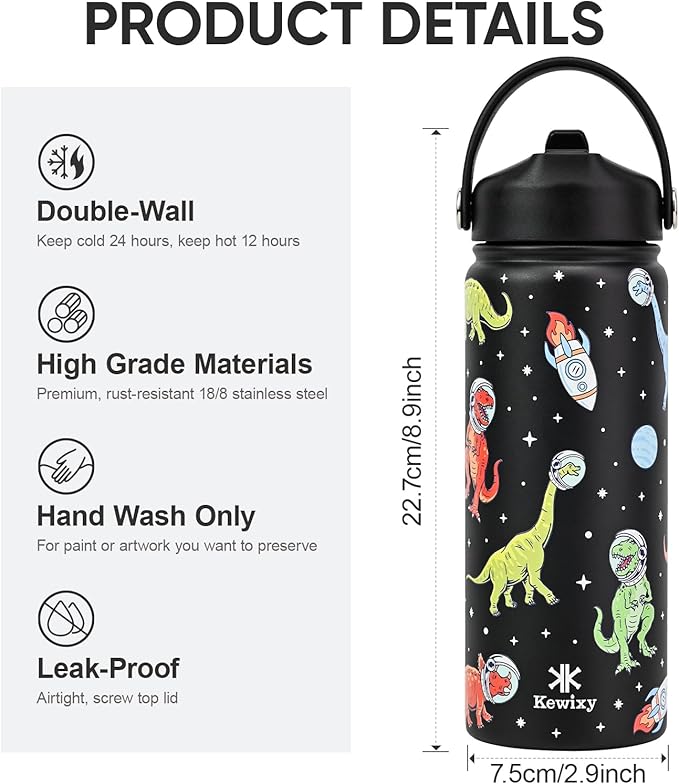 KEWIXY 18 oz Kids Dinosaur Water Bottle for School with Straw, Leak Proof, Stainless Steel with Easy Flip&Handle, Reusable, Metal, Insulated, Backpack-side Fit, for Boys Little Dino Fans (Dinosaur)