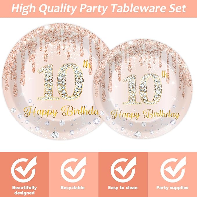 96 Pcs 10th Birthday Decoration for Girls Rose Gold 10th Birthday Plates and Napkins Party Supplies Rose Gold Pink Happy 10 Years Party Disposable Tableware Set for 24 Guests Party Decoration