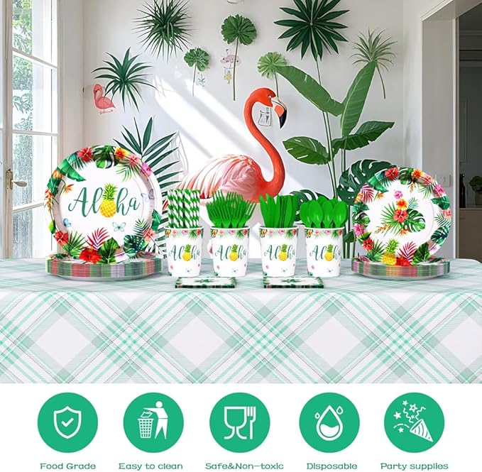 AIBIIN 192 PCS Hawaiian Luau Party Decorations Tropical Paper Plates Cups and Napkins Sets Tropical Party Supplies Disposable Tableware Set with Plates Forks Straws Serves 24 Guests