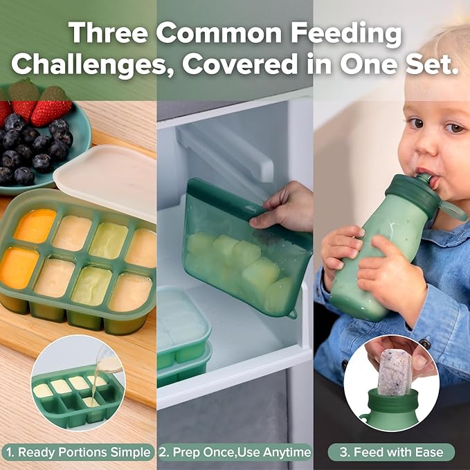 Haakaa Flexi-Prep, Store & Feed Combo, Breastmilk Storage & Baby Food Freezer Tray Set with Silicone Freezer Trays, 1000ml Silicone Storage Bag & Refillable Baby Food Pouch