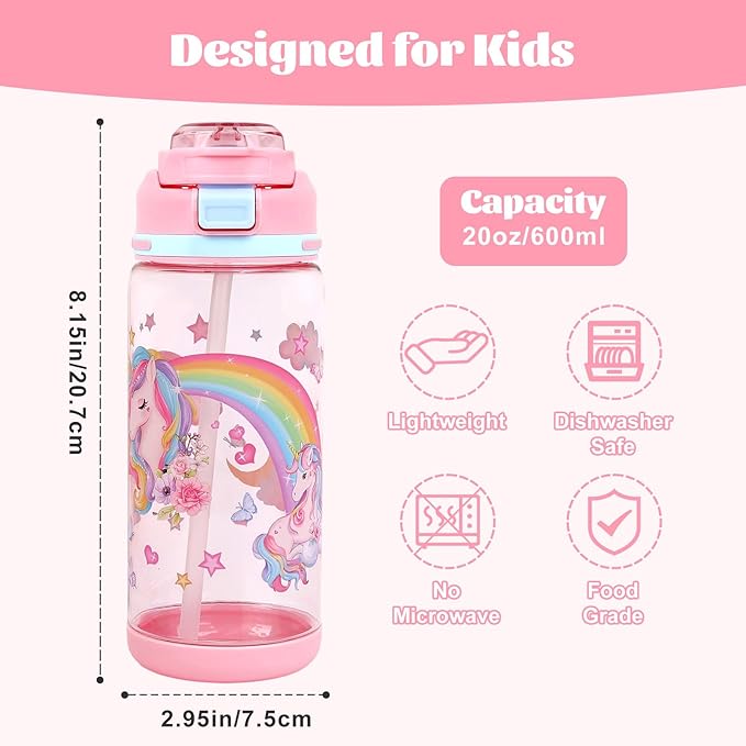 decalsweet Kids Water Bottle 20oz Durable Leak-Proof Plastic Water Cup for Kids Toddlers,With Straw Handle and Pop-Up Spout Cover,Safe for School Sports Daycare Travel & Camp