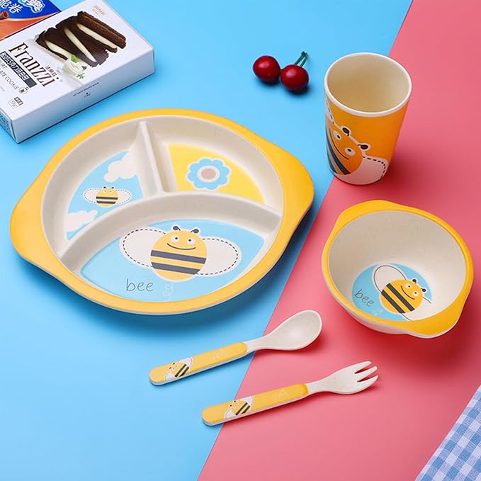 Kids Dinnerware Set, 5-Piece Mealtime Tableware for Children & Toddlers – Includes Divided Plate, Bowl, Cup, Fork & Spoon – Natural Bamboo Fiber, BPA-Free, Dishwasher Safe (Bee)