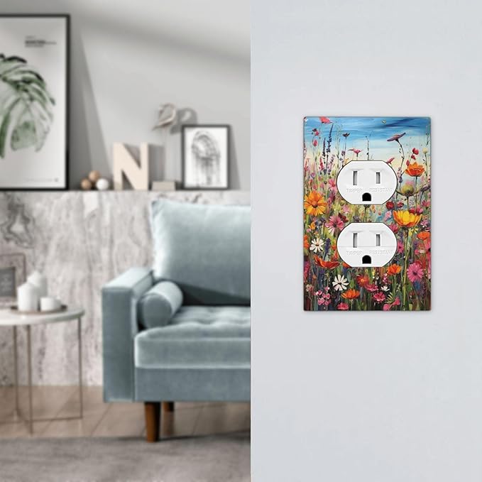 Colorful Wildflowers Painting Floral Flower Outlet Covers 1 Gang Duplex Light Switch Cover Decorative Switch Plates Electrical Receptacle Faceplate Wall Plate for Bedroom Living Room Decor