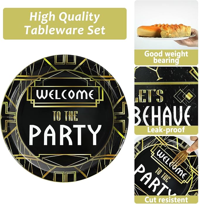 100 Pcs Roaring 1920s Party Decorations, Speakeasy Misbehave Black Gold Birthday Party Decors Art Décor Retro Murder Mystery Party Supplies for 1920s Vintage Flapper Wedding Supplies Serve 25