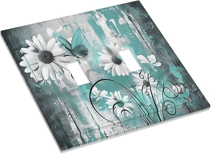 Decorative Switch Plates Teal Daisy Floral Vintage Wood Plank 2 Gang Double Toggle Outlet Light Switch Cover Wall Plate Electrical Faceplate For Farmhouse Cabin Decor