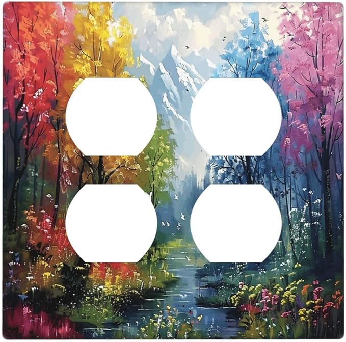 Colorful Forest Snow Mountain River Oil Painting Style Outlet Covers 2 Gang Double Duplex Decorative Light Switch Covers Electrical Wallplates Socket Faceplate for Bedroom Living Room Decor