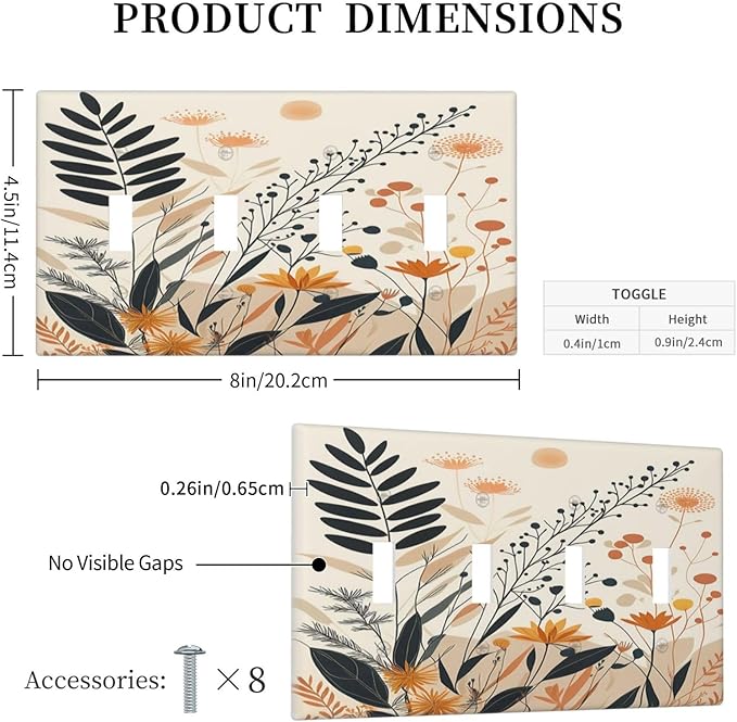 Light Switch Cover Minimalist Floral Boho Botanical Wildflowers 4 Gang Quad Toggle Decorative Switch Plates Electrical Wall Plates Faceplate for Bathroom Bedroom Decor