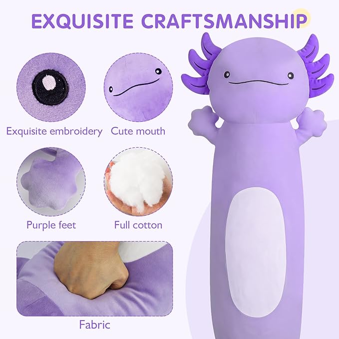 Dalmao 36 inch Cute Giant Purple Axolotl Plush Soft Body Pillow, Large Squishy Plushies Axolotl Stuffed Animals Toy, Gifts for Kids Boys Girls Birthday
