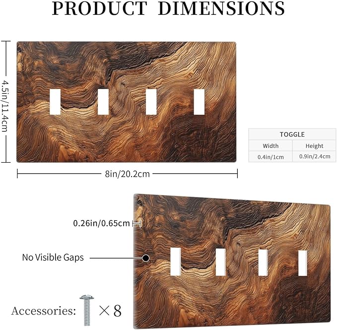 Natural Wood Grain Texture Old Tree Trunk Print Light Switch Covers Quad Toggle Electrical Faceplate 4 Gang Wall Plate Decorative Switch Plates Cover for Farmhouse Home Decor