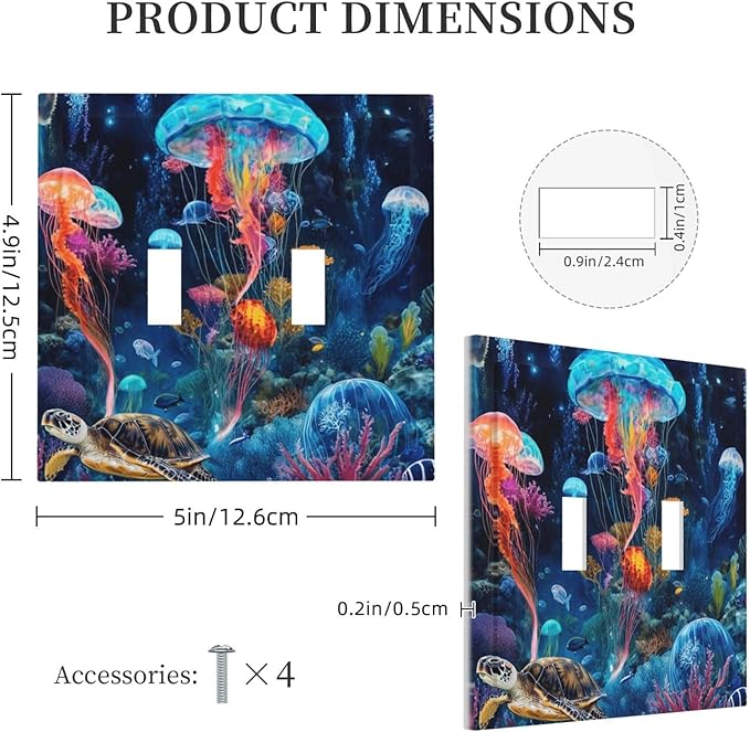 Jellyfish Sea Turtle Fantasy Ocean Coral Underwater World Decorative Switch Plates 2 Gang Double Toggle Outlet Light Switch Cover Wall Plate Electrical Faceplate for Nursery Kids Room Decor