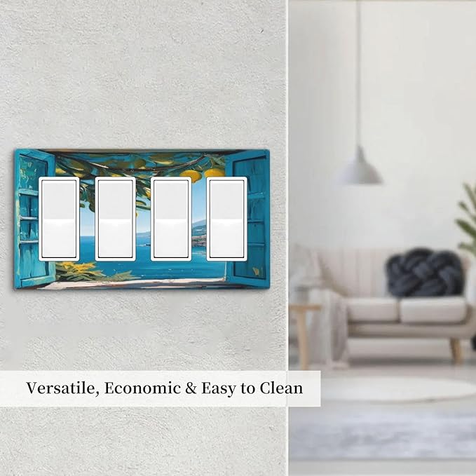 Decorative Art Light Switch Covers Seaside Window with Lemons 4 Gang Rocker Decora Outlet Covers Electrical Faceplate GFCI Wall Plate for Home Decor