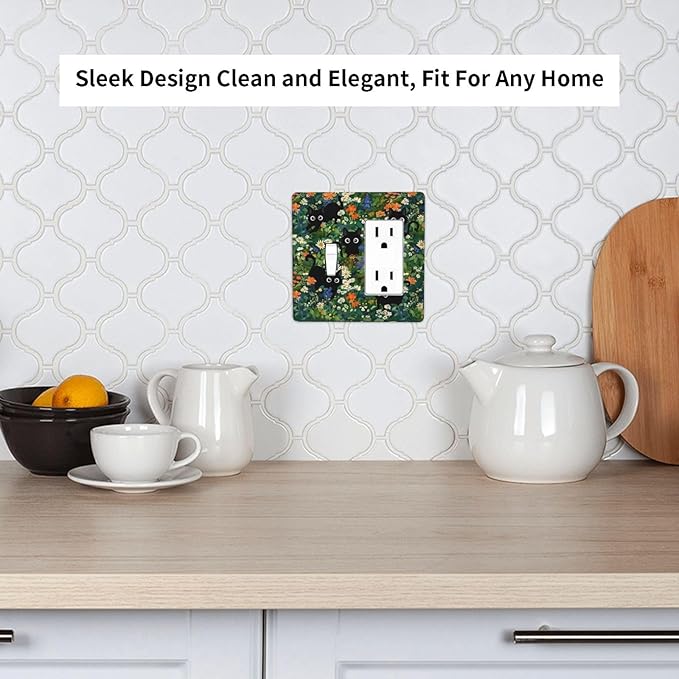 Cute Cool Funny Black Boho Cat 2 Gang Combination 1-Toggle 1-Decorator/Gfci Device Wall Plates Fun Cartoon Kid Boy Girl Forest One Rocker with Toggle Combo Light Switch Plates and Socket Outlet Covers