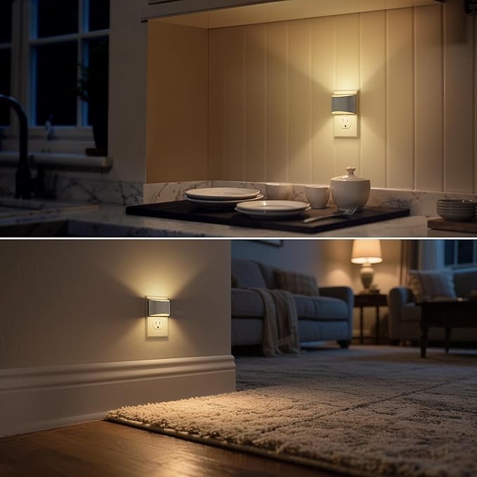 DORESshop LED Night Light[4 Pack], Night Lights Plug into Wall, 3 Level Brightness Adjustable Plug in Night Light, Dusk to Dawn Sensor Nightlights for Adults, Bedroom, Hallway, 3000K, Gray Cover