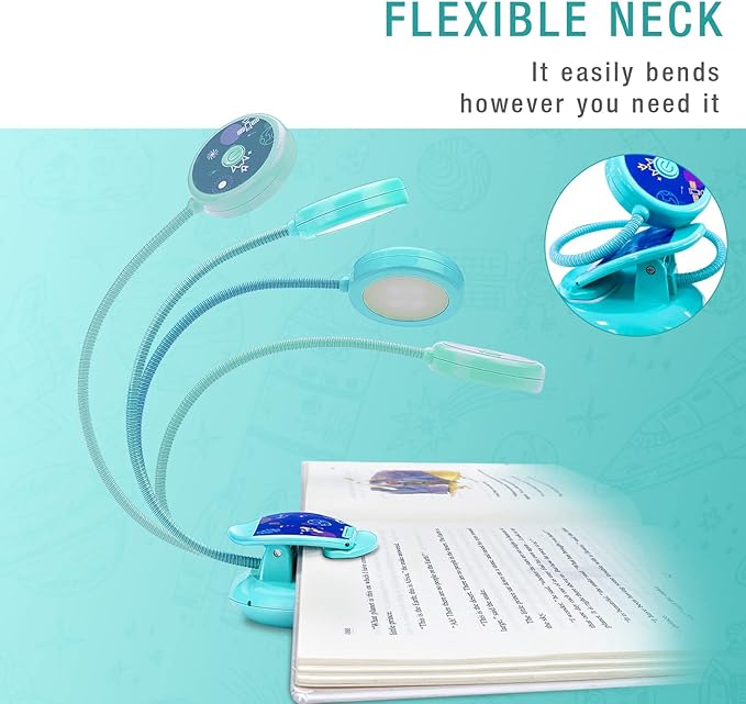 Vekkia Cute Rechargeable Book Light,Eye Caring Reading Light for Kids Clip on, 3 Colors & 3 Brightness, 1.8oz Super Light Weight, Up to 40 Hours Reading. Great Gifts for Kids & Readers (Blue)