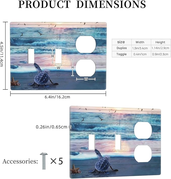 Nautical Ocean Teal Blue Beach Wave Turtles Tortoise 3 Gang 2-Toggle 1-Duplex Receptacle Light Switch Wall Plates and Outlet Cover Coastal Starfish Triple Device Combo Two Toggle One Receptacle Cover