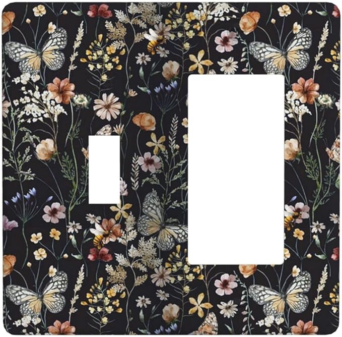 Vintage Flower Leaves 2 Gang Toggle Rocker Light Switch Cover Decorative Cute Bees Combin Wall Plates Dark Backgrounds Art Panel Butterfly Dimmer Decor for Bedroom Kitchen Bathroom