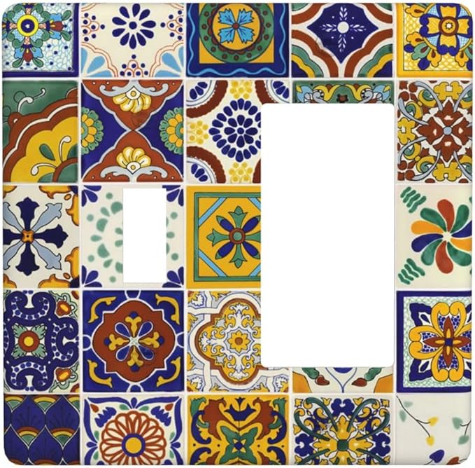 Boho Mandala Mosaic Ceramic Tile 2 Gang Combination Single Toggle/Decorator Wall Plate Yellow/Blue/Green Mexican Tile Combo 1-Toggle 1-GFCI/Rocker Outlet Light Switch Dimmer Receptacle Faceplate Cover