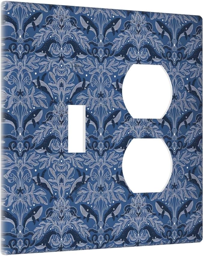 Blue Modern Nautical Art Whale Fish Ocean Damascus Wallplates 1 Toggle 1 Duplex Switch Plate Electrical GFCI Faceplate Decorative Light Switch Covers for Bedroom Living Room Decor