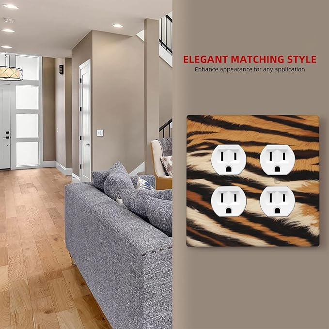Tiger Texture Wild Animal Skin Pattern Print Outlet Covers 2 Gang Double Duplex Decorative Light Switch Covers Electrical Wallplates Socket Faceplate for Kids Room Office Decor