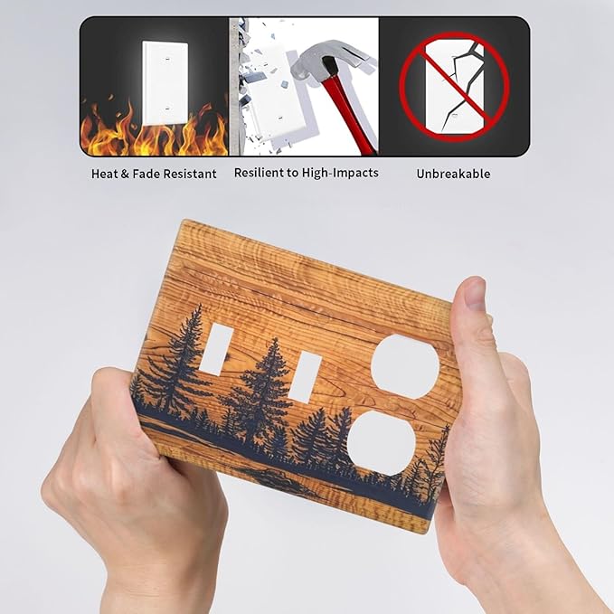 Country Forest Pine Tree Woodland Woods 3-Gang 2-Toggle 1-Duplex Device Combination Wall Plate, Retro Vintage Wood Wooden Three Gang Combo Two Toggle/One Duplex Receptacle Outlet Light Switch Cover