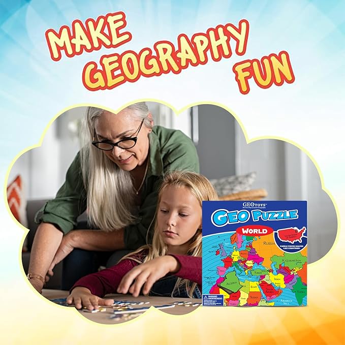 GeoToys GeoPuzzle, World Jigsaw Puzzles, 68 Pc Geography Game & Map Puzzle, Educational Games & Kids Learning Activities, Puzzle Gifts for Children Ages 6-9, Fun Learning Toys for Kids