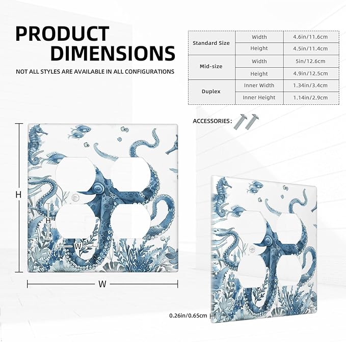 Blue Octopus Squid Seahorse Coral Watercolor Wild Sealife Outlet Covers 2 Gang Double Duplex Decorative Light Switch Covers Electrical Wallplates Socket Faceplate for Bathroom Kids Room Decor