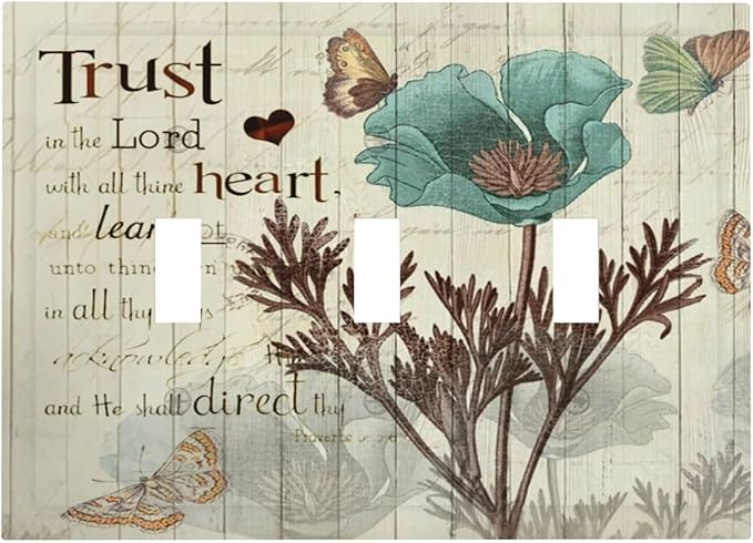 Rustic Elegant Teal Tulip Bible Inspirational Quote Decorative Switch Plates 3 Gang Wall Plate Triple Toggle Light Switch Cover Faceplate Electrical Wall Panels for Farmhouse Bedroom Decor
