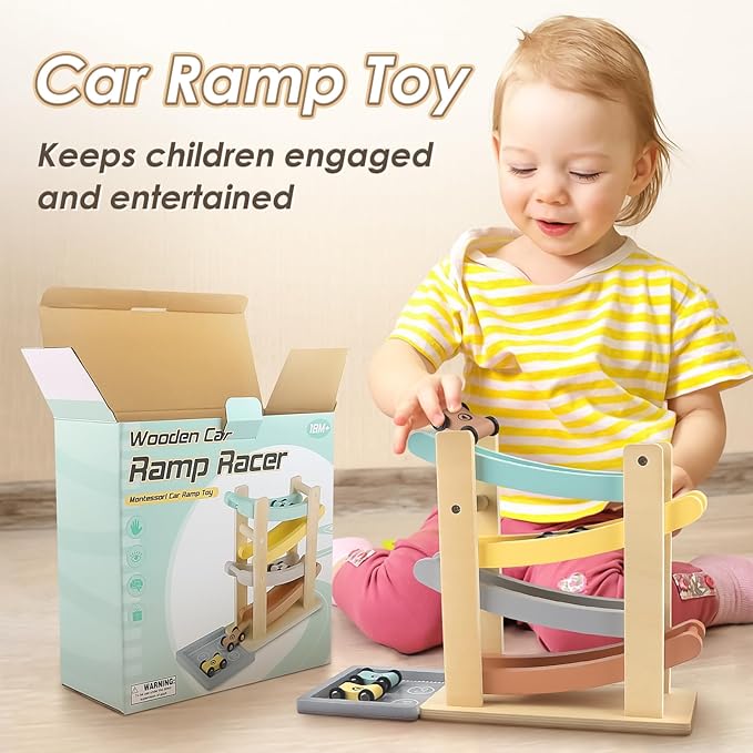 Joyreal Montessori Toddler Toys for 1 2 Year Old - 4 Level All-Wooden Car Ramp Racer Toys with 4 Mini Cars & Garages - Christmas Birthday Gifts for 1-3 Year Old Boys and Girls