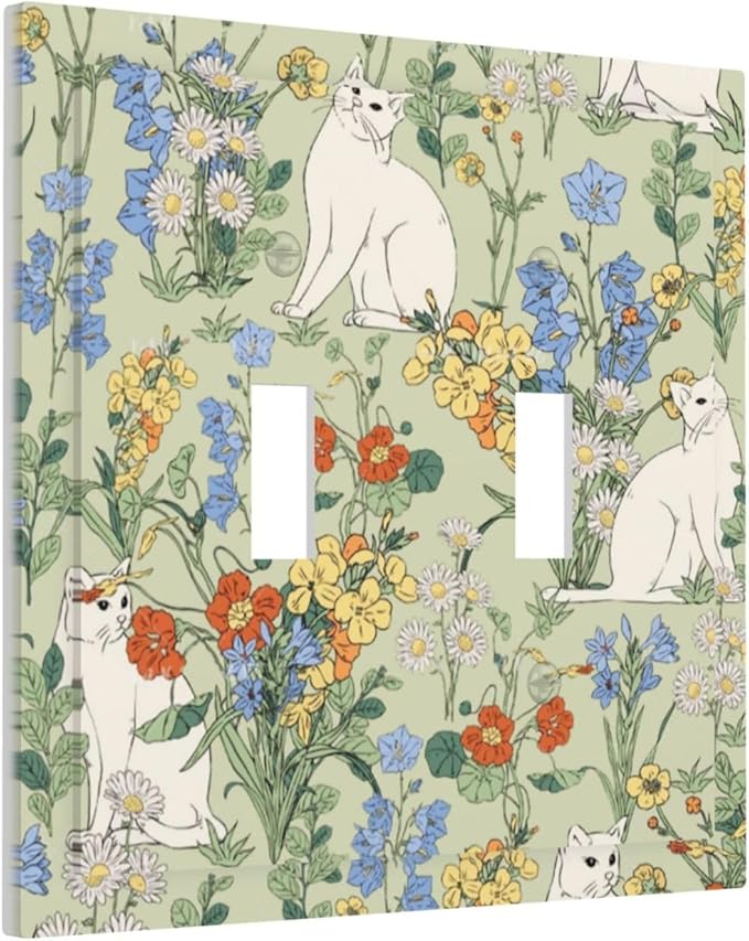 Decorative Switch Plates Vintage Floral Cute Cat Colorful Flowers 2 Gang Double Toggle Outlet Light Switch Cover Wall Plate Electrical Faceplate For Bed Room Living Room Decor