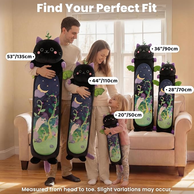 Mewaii Long Cat Plush 5 Sizes, 120% Extra Filling Giant Plushness Kids Body Pillow, Kawaii Cute Black Cat Stuffed Animals Plushies, Big Long Body Pillow Black Cat Plush Gift for Girls 20”