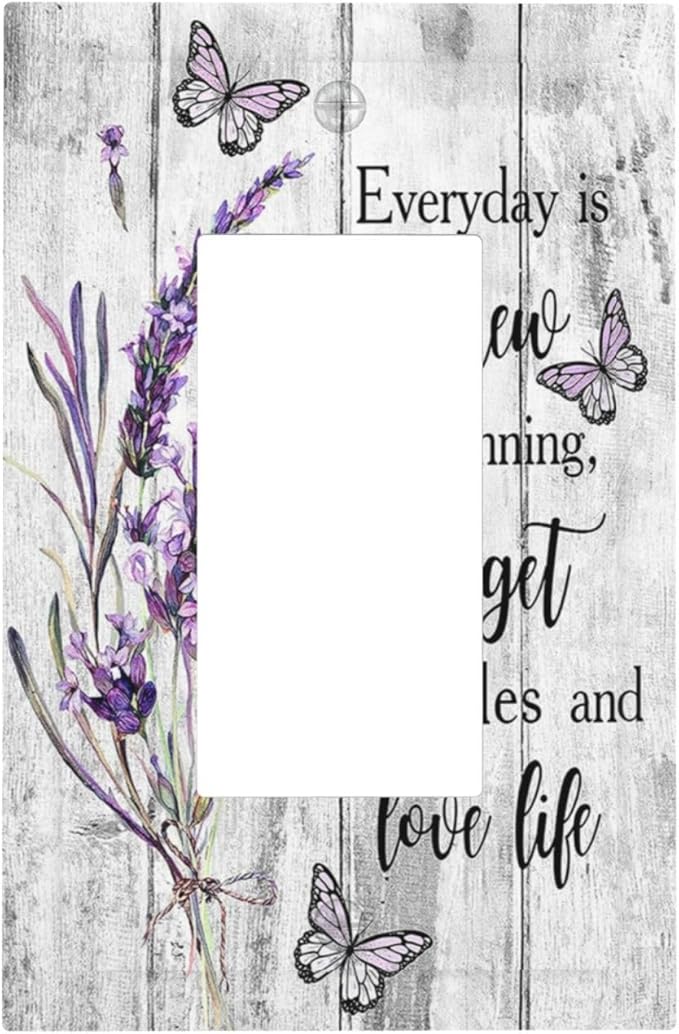 Outlet Covers Purple Lavender Flower Butterfly on Wood Plank 1 Gang Wall Plate Single Rocker Light Switch Cover Inspirational quotation Floral Decorative GFCI Receptacle Cover Electrical Switchplate
