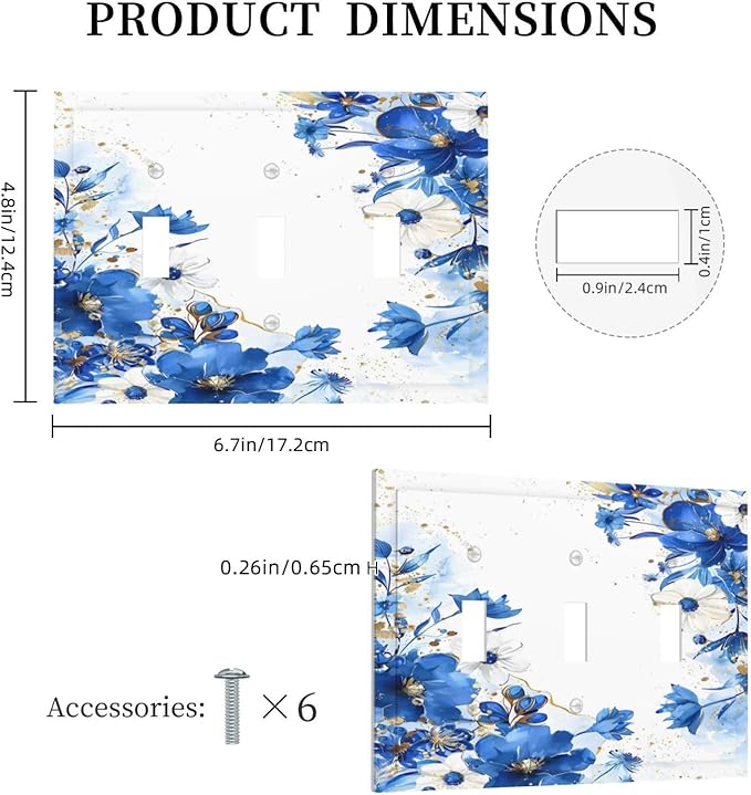 Klein Blue Flowers Watercolor Golden White Floral Decorative Switch Plates 3 Gang Wall Plate Triple Toggle Light Switch Cover Faceplate Electrical Wall Panels for Bedroom Living Room Decor