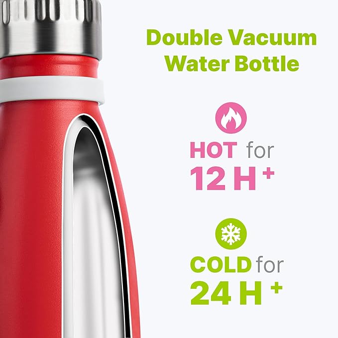 Kids Water Bottle 12 oz Stainless Steel Double Wall Vacuum Insulated Water Bottle for School- Reusable Metal Travel Flask for Girls-Leak Proof and BPA Free (Red)