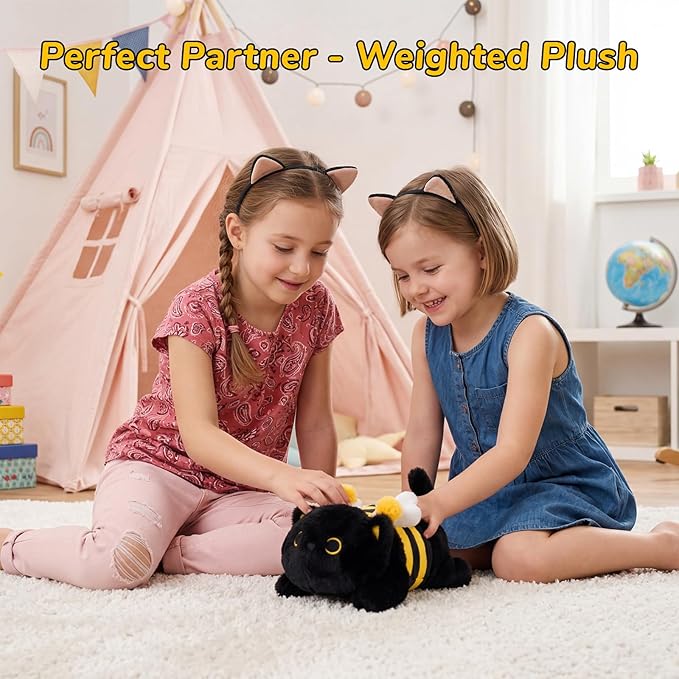 Weighted Cat Stuffed Animal,Bee Black Cat Plush Soft Weighted Plushies,Cute Plush Toys with Removable Honeybee Outfit Costume,Sensory Comfort Huggable Weighted Plush Animals Gifts for Kids