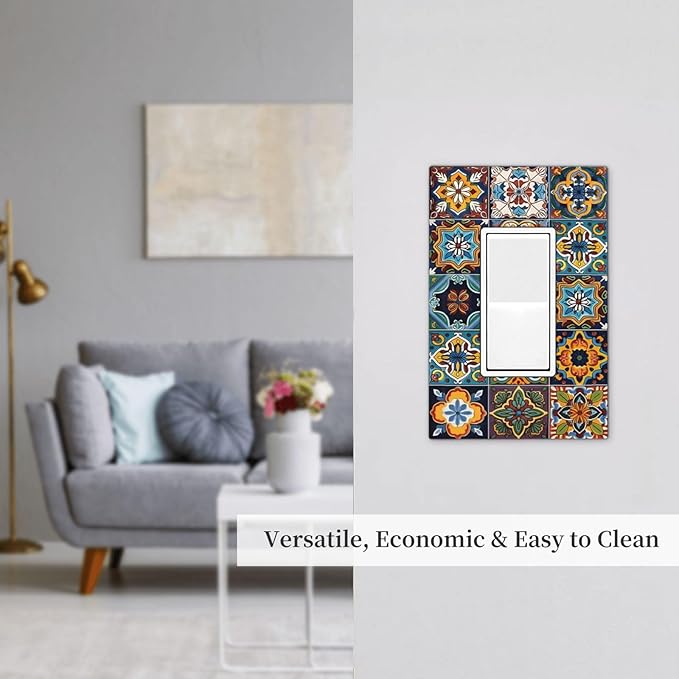 Mexican Talavera Tiles Floral Decorative Outlet Covers 1 Gang Single Rocker Light Switch Cover Plate Wall Plates GFCI Faceplate for Bathroom Kitchen Decor