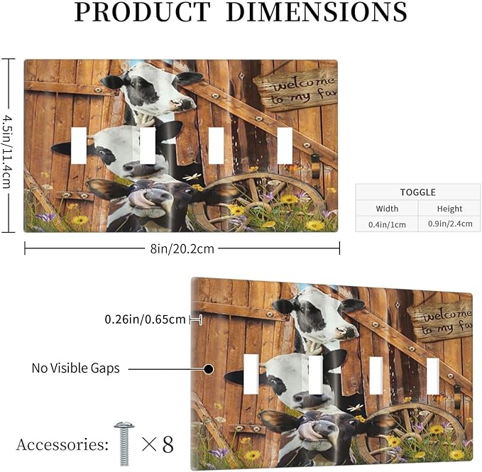 Decorative Switch Plate Covers Farm Cow Farmhouse Barn Door Rustic Vintage Wooden 4 Gang Device Light Switch Cover Country Wildlife Funny Quad Toggle Wall Plate Electrical Faceplate