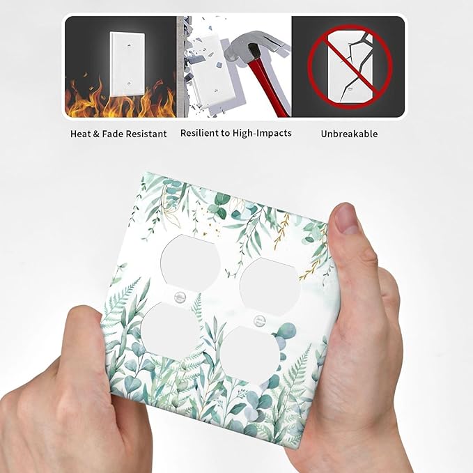 Boho Green Eucalyptus Leaf Floral Sage Flower Outlet Covers 2 Gang Double Duplex Decorative Light Switch Covers Electrical Wallplates Socket Faceplate for Bedroom Living Room Decor