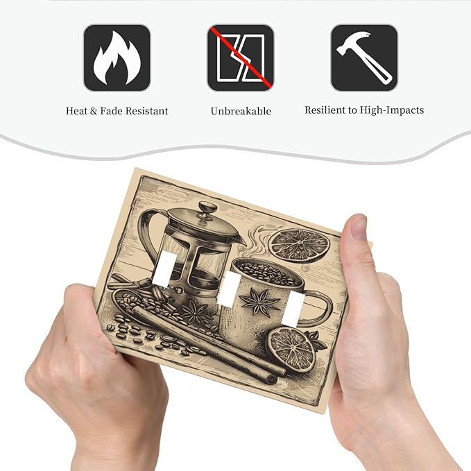 Light Switch Cover Plate Beige Vintage Rustic Coffee Beans Spice 3 Gang Triple Toggle Decorative Switch Plates Wall Plates Electrical Switchplate Faceplate for Kitchen Coffee Bar Decor