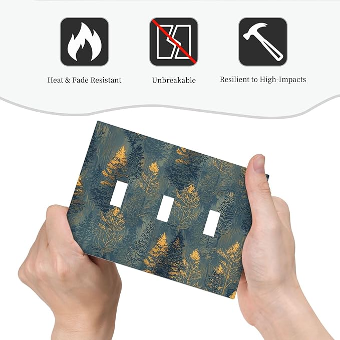 Decorative Switch Plate Cover with Golden Trees & Abstract Gradient Forest Landscape Design 3 Gang Artistic Wall Plate Unique Triple Toggle Light Switch Covers for Blue Retro Home Decor