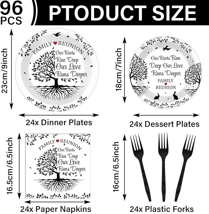 96 Pcs Family Reunion Birthday Party Plates and Napkins for Girls Black and White Family Tree Party Supplies Home Family Tree Leaves Paper Cake Dessert Tableware Set for 24 Guests Party Decorations