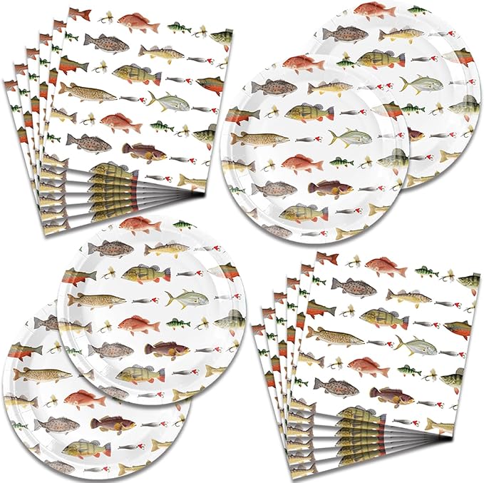 40pcs Gone Fishing Birthday Plates And Napkins Party Supplies - Fish Party Decorations Tableware, little Fisherman Fishing Birthday Baby Shower Decorations Serve 20