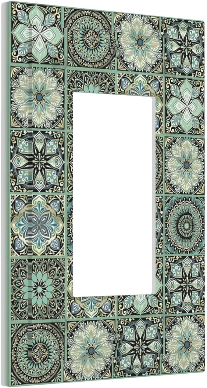 Moroccan Mandala Tile Floral Talavera Tiles Decorative Outlet Covers 1 Gang Single Rocker Light Switch Cover Plate Wall Plates GFCI Faceplate for Bathroom Kitchen Decor