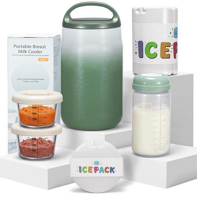 3-in-1 Breast Milk Cooler for 24H 360° Cooling, 11oz Breastmilk Chiller with Bottle & 8oz Baby Food Containers & 27oz Insulated Food Jar, Fits from Baby to Adult for Outdoor, Work & Travel - Green