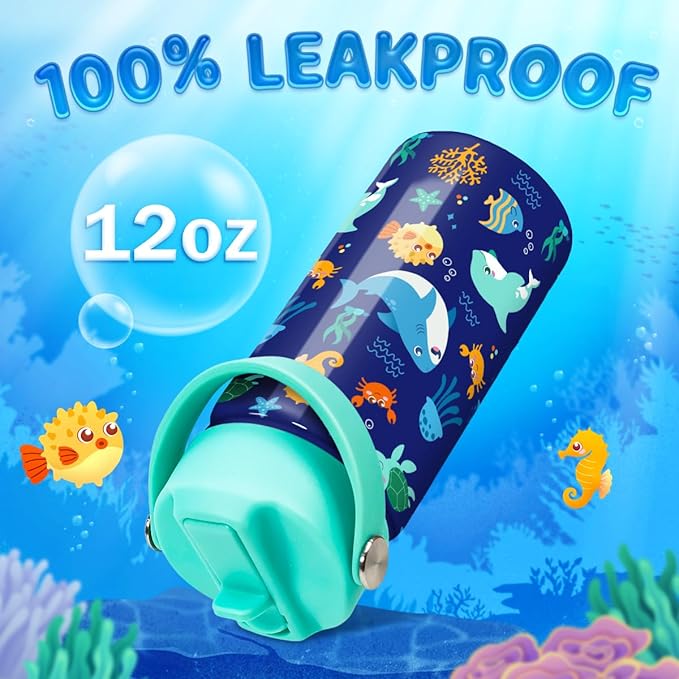 Kids Water Bottle with Straw Lid - 12 Oz Insulated Stainless Steel Ocean Water Bottles for Kid Boys Girls - Travel Cup for School Sports