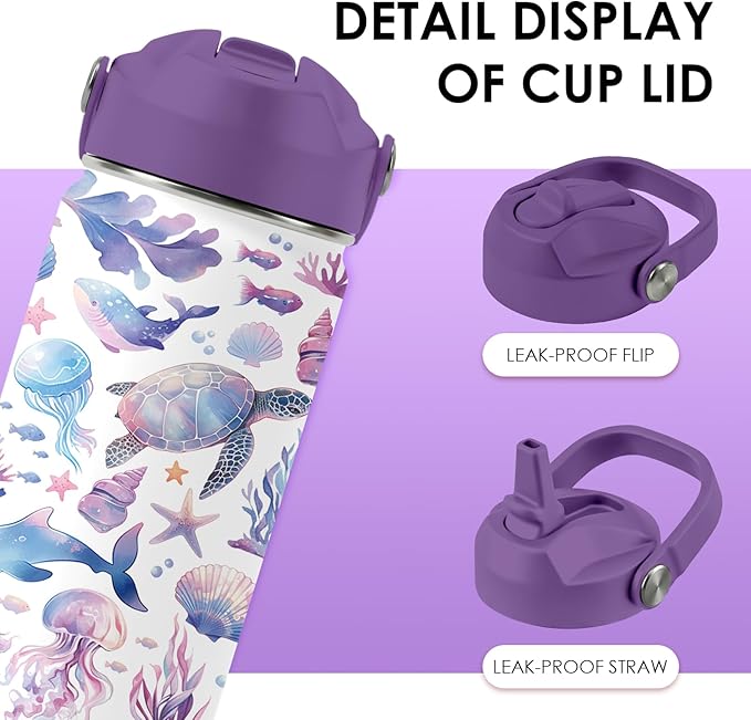 Ocean Gifts for Kids - 16 Oz Purple Water Bottle with Straw Lid, Stainless Steel Insulated Tumbler, Leak Proof, BPA-Free, for Girls & Boys, School, Beach - Marine Life Lovers Birthday Gifts (1pc)