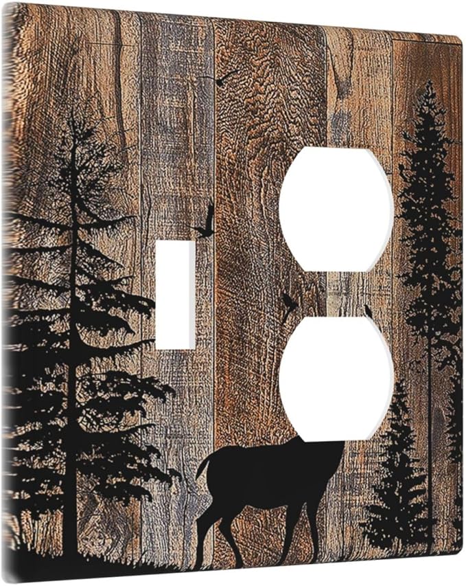 Wallplates Rustic Forest Antler Elk Deer Silhouettes Animals Wood Grain 1 Toggle 1 Duplex Switch Plate Electrical GFCI Faceplate Decorative Light Switch Covers for Farmhouse Home Decor