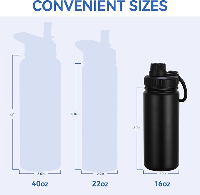DOMICARE 16 oz Kids Water Bottle for School Stainless Steel Double Wall Vacuum Insulated Water Bottle with Straw lids & Spout Lid, Leakproof BPA Free （Black,8)