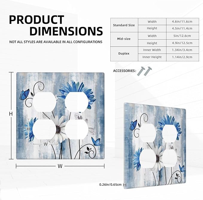 Decorative Outlet Covers Rustic Teal Blue Daisy Floral Farmhouse 2 Gang Double Duplex Light Switch Cover Wall Plates Electrical Socket Cover Art Faceplate for Bathroom Bedroom Decor